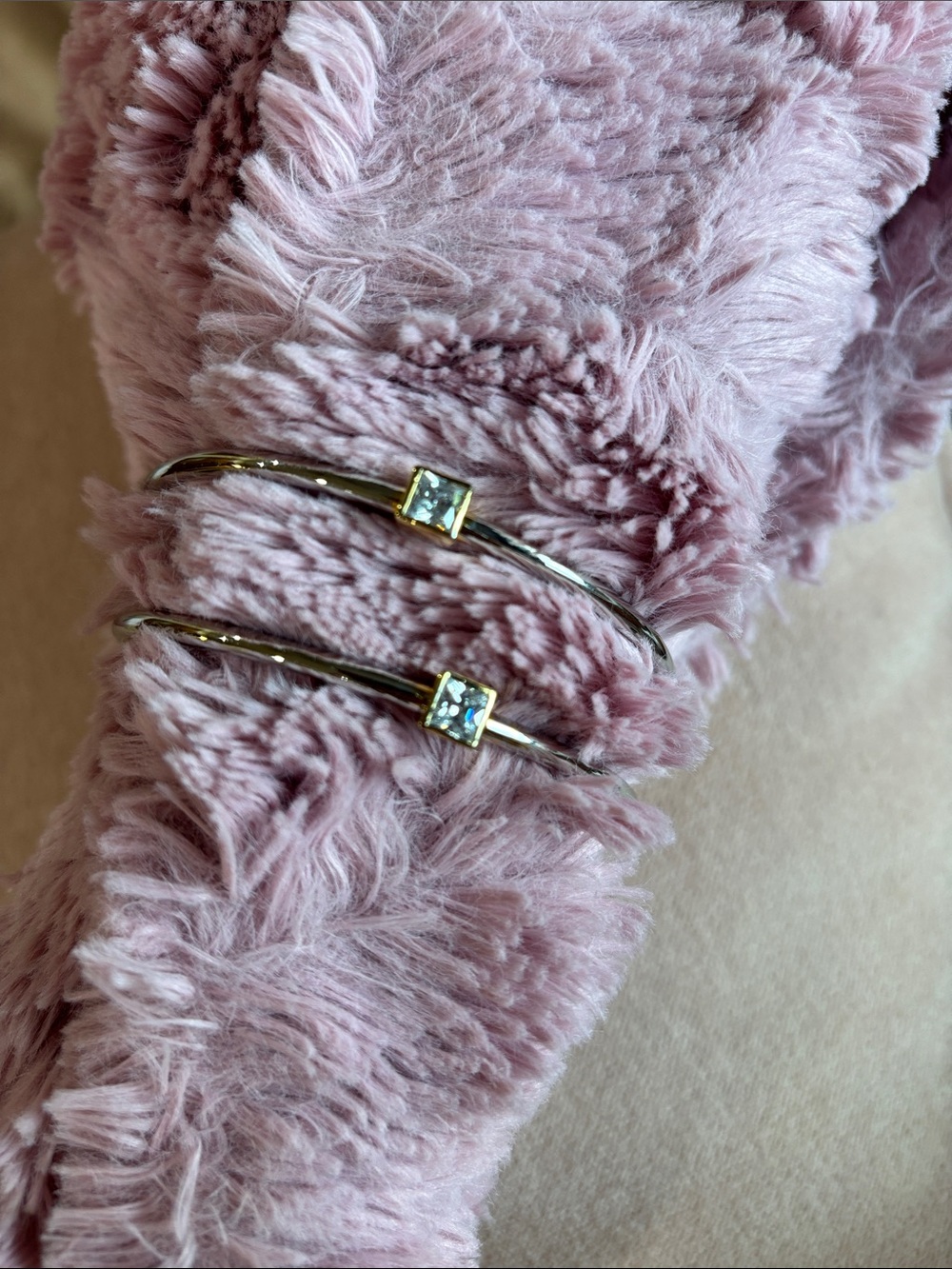 Two-Tone Silver and Gold Square Stone Bangle Bracelets set of 2 - Women Jewelry - Picture 2 of 9